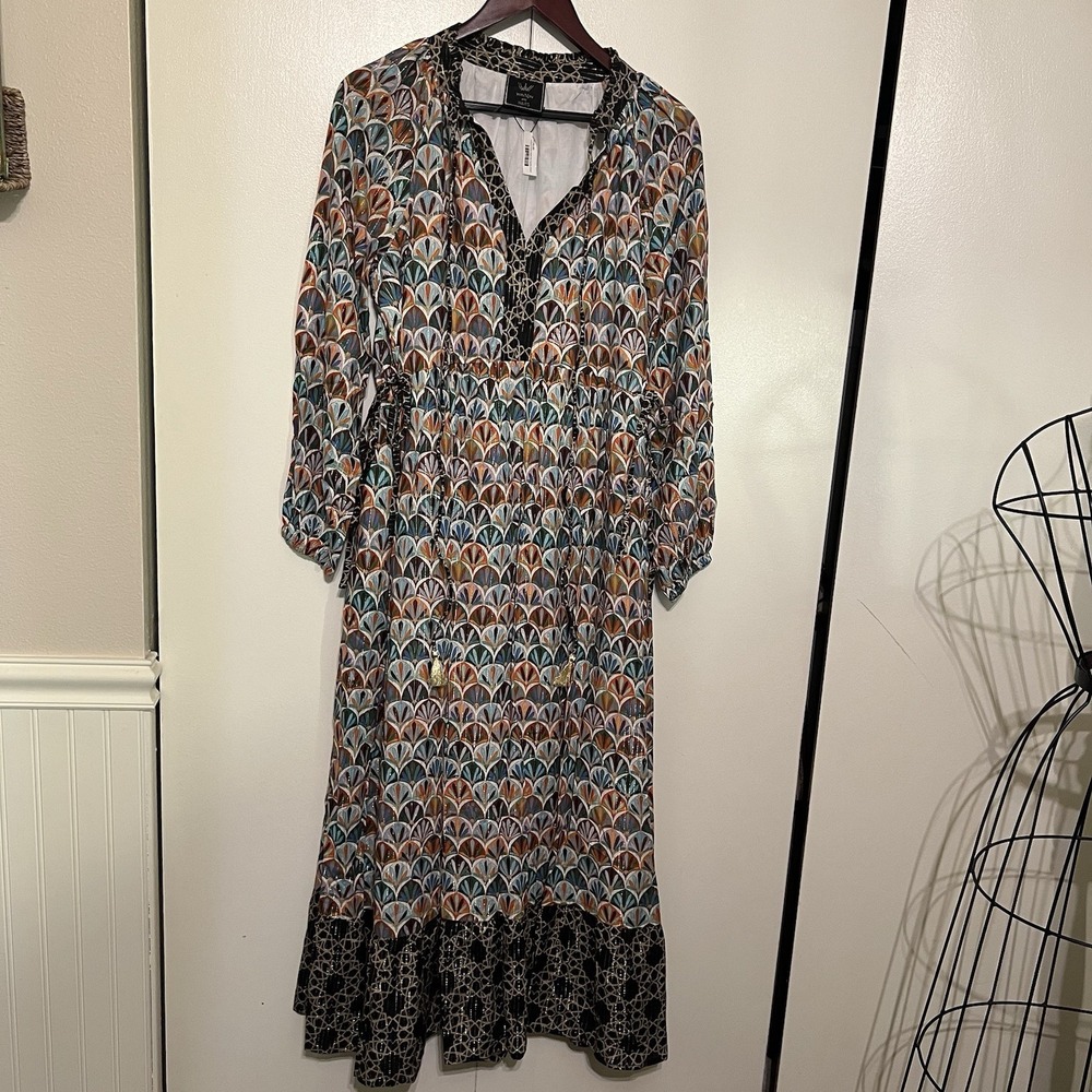 NWT Winton + Waits Fresco Fans Side-Tie Ruffle Dress Metallic Gold Lurex OS $139